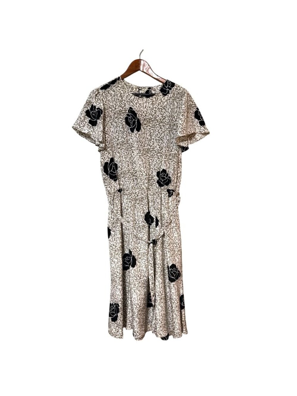 Floral Midi Dress With Short Sleeves & Tie‎ Waist Beige & Black Vintage Style